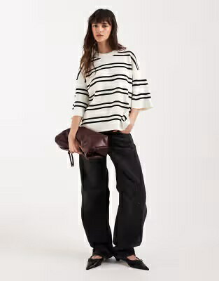 エイソス ニット ストライプ Tシャツ 白色 ホワイト レディース ASOS DESIGN ASOS DESIGN KNIT STRIPE COMPACT STRUCTURED OVERSIZED T-SHIRT IN WHITE / WHITE STRIPE レディースファッション トップス