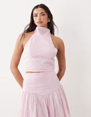 バルドー ハイ クロップ ピンク クロップトップ レディース BARDOT HARLOW COTTON HIGH HALTER NECK CROP TOP IN BABY PINK - PART OF A SET / BABY PINK