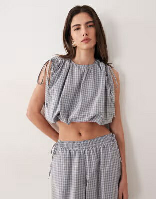 バブル 青色 ブルー レディース GHOSPELL COTTON BUBBLE DRAWSTRING DETAIL TOP IN BLUE GINGHAM - PART OF A SET / MULTI