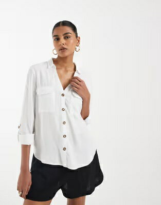ヴェロモーダ 白色 ホワイト レディース VERO MODA VERO MODA UTILITY STYLE POCKETED FRONT LINEN BLEND SHIRT IN WHITE / SNOW WHITE