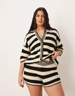 エイソス ニット ストライプ レディース ASOS CURVE ASOS DESIGN CURVE SALLY BEACH KNIT BUTTON UP TOP IN MONO STRIPE - PART OF A SET / MONO STRIPE