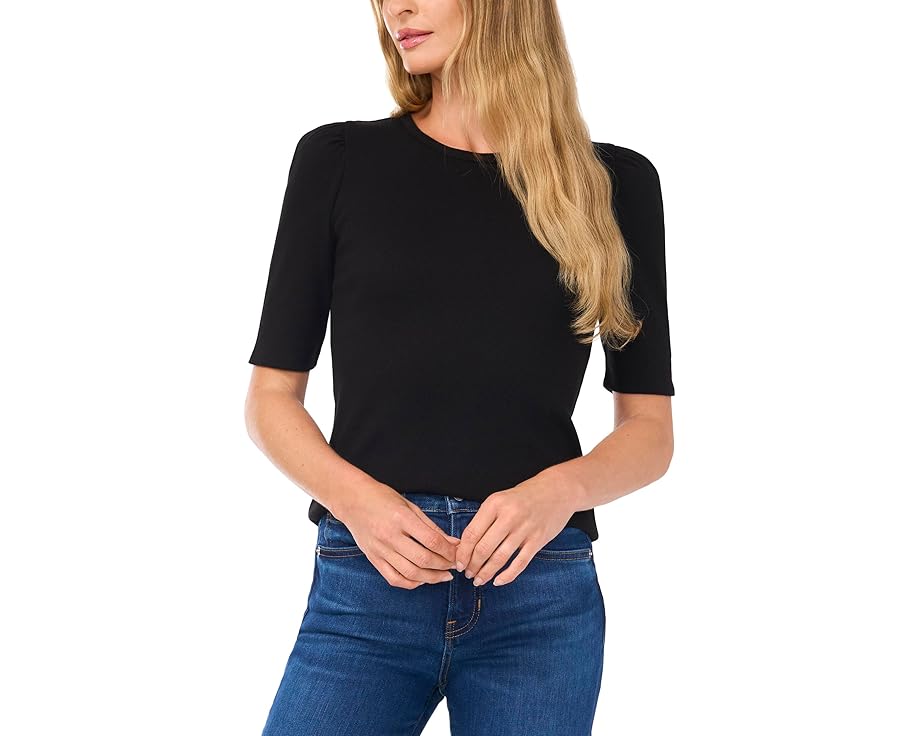 スリーブ 黒色 ブラック レディース 【 CECE PUFF ELBOW SLEEVE ROUND NECK FITTED TOP / RICH BLACK 】 レディースファッション トップス Tシャツ カットソー