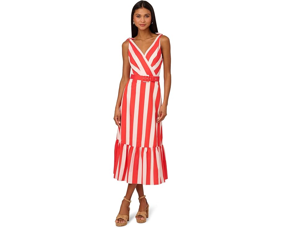 アドリアナパぺル ドレス 赤 レッド 白色 ホワイト ミディドレス レディース 【 ADRIANNA PAPELL STRIP..