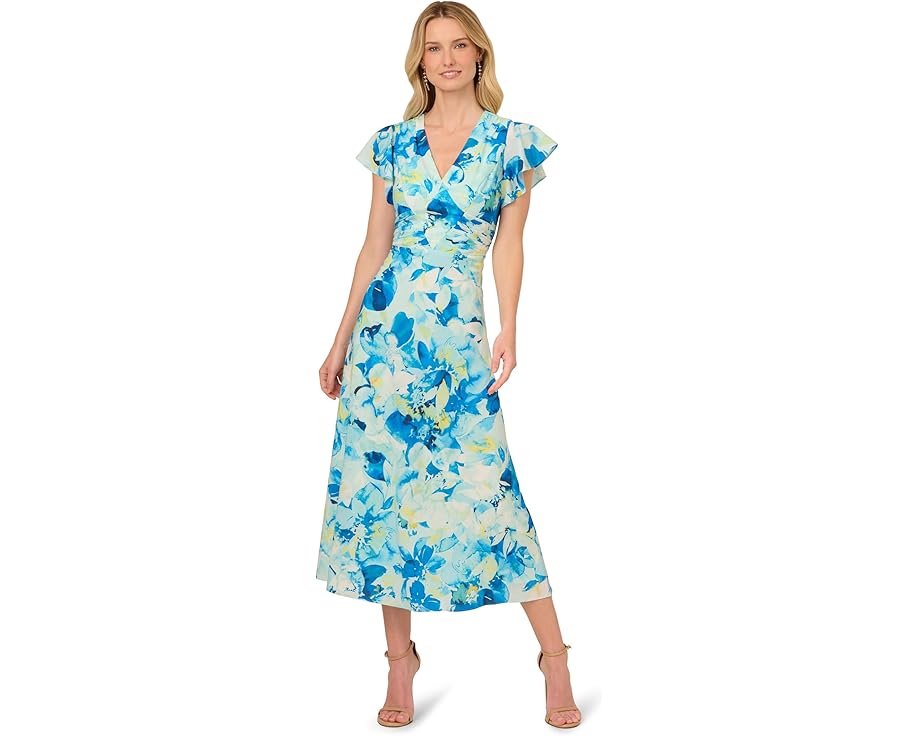 アドリアナパぺル ドレス 青色 ブルー レディース 【 ADRIANNA PAPELL PRINTED FLUTTER ANKLE DRESS / ..