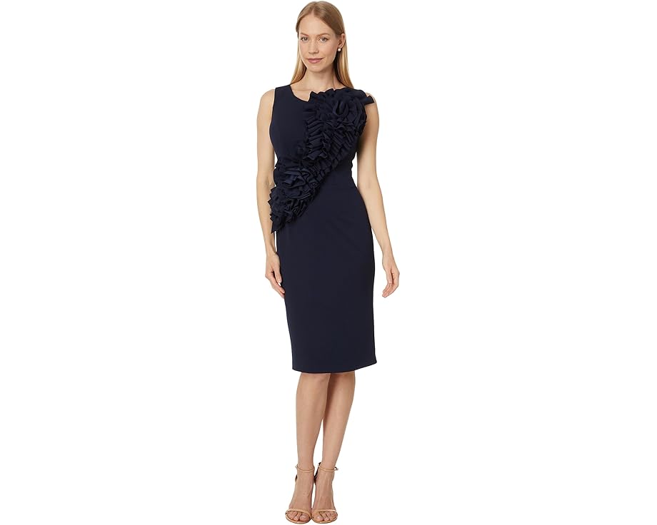 クレープ 紺色 ネイビー & レディース 【 BETSY & ADAM SHORT SCUBA CREPE RUFFLE FLOWER / NAVY 】 レディースファッション ドレス