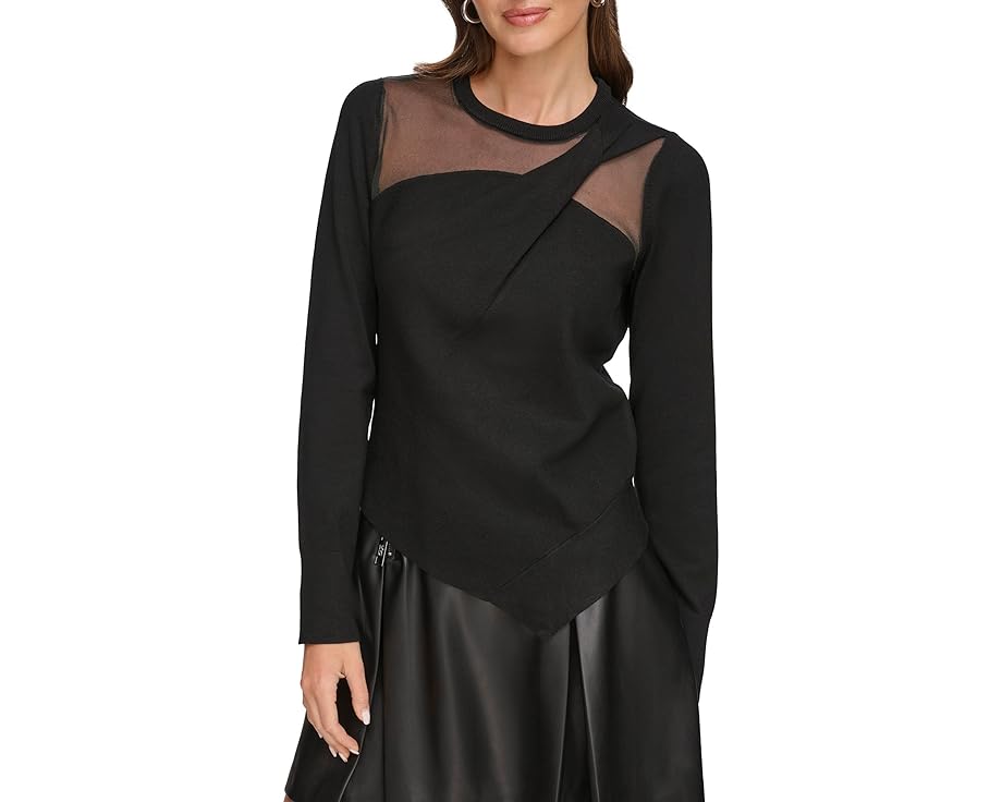 ǥ̥磻 ꡼ ȥ졼ʡ  ֥å Ĺµ ǥ  DKNY LONG SLEEVE ASYMMETRICAL HEM SHEER SWEATER / BLACK  ǥեå ȥåץ ˥å 