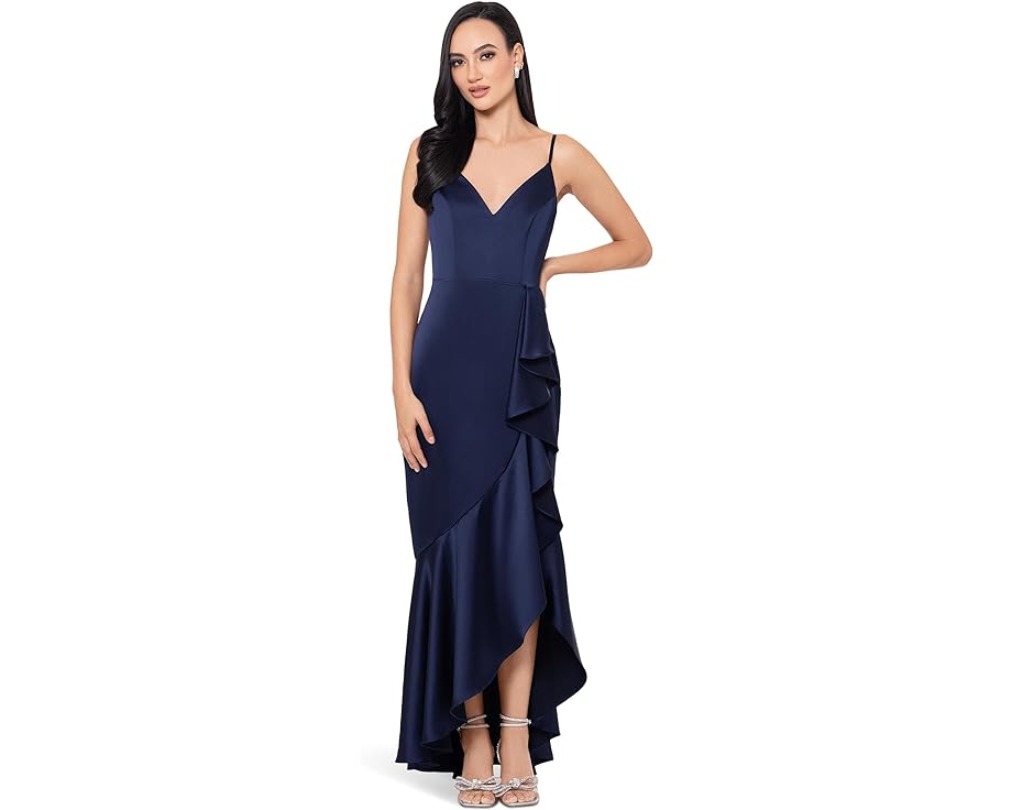サテン ドレス 紺色 ネイビー レディース 【 XSCAPE SATIN DRESS WITH A FUN SIDE RUFFLE MAKES FOR FLATTERING YET ELEGANT / NAVY 】 レディースファッション