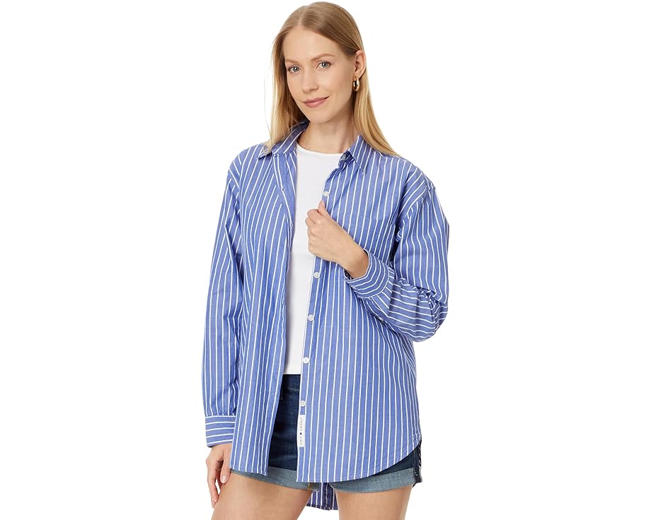 ラッキーブランド 青色 ブルー ストライプ レディース 【 LUCKY BRAND OVERSIZED BUTTON BACK TOP / BLUE STRIPE 】 レディースファッション トップス Tシャツ カットソー