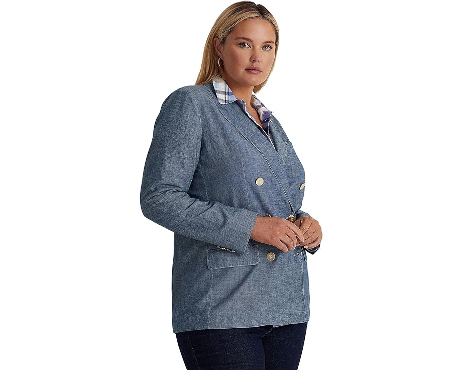 ローレンラルフローレン アウター レディース ラルフ ローレン ブレイザー 青色 ブルー レディース 【 LAUREN RALPH LAUREN PLUS SIZE DOUBLE-BREASTED CHAMBRAY BLAZER / BERYL BLUE WASH 】