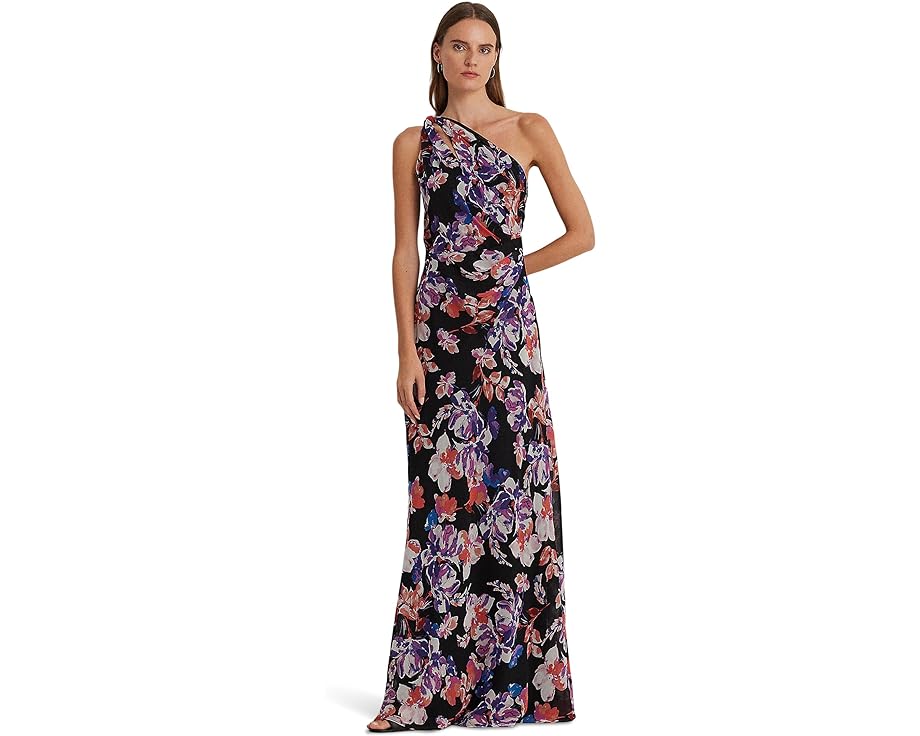 ラルフローレン　ドレス ラルフ ローレン ドレス 黒色 ブラック 紫 パープル レディース 【 LAUREN RALPH LAUREN FLORAL GEORGETTE ONE-SHOULDER DRESS / BLACK PURPLE MULTI 】 レディースファッション