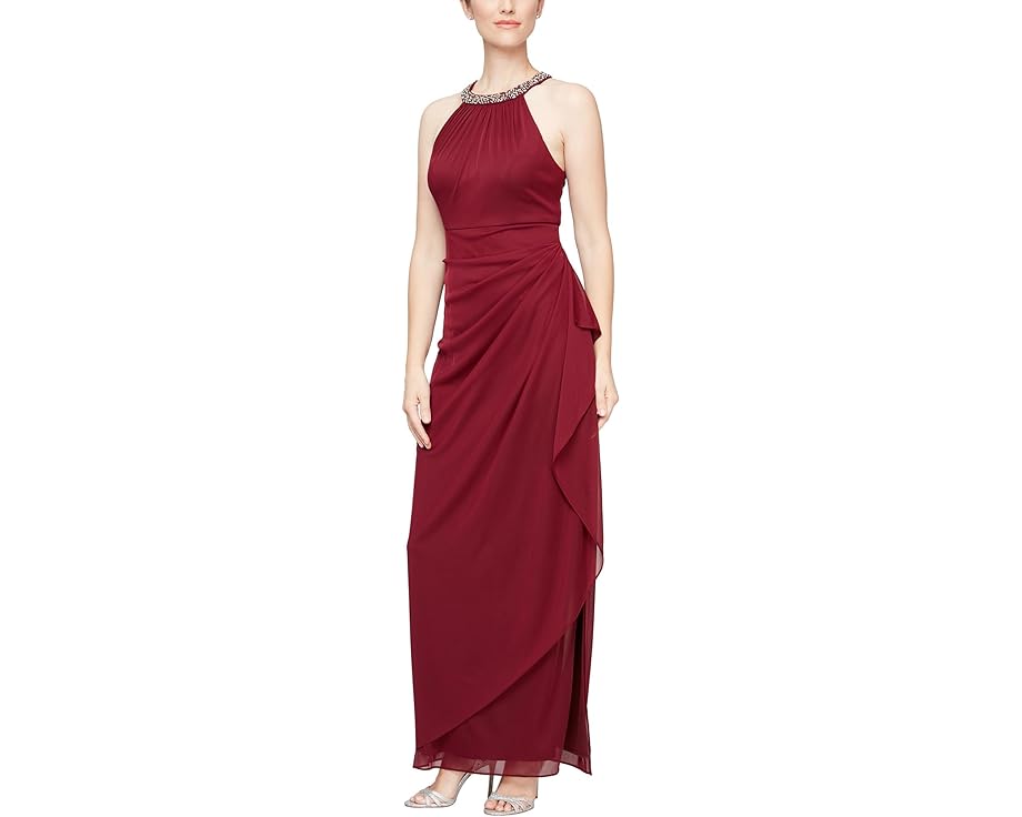 AbNXCujOX hX JXP[h & fB[X y ALEX EVENINGS LONG MESH DRESS W/BEADED HALTER NECKLINE CASCADE RUFFLE / WINE z fB[Xt@bV