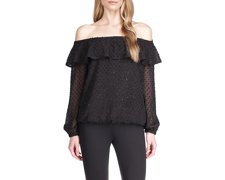 マイケルマイケルコース 【小さめ】 黒色 ブラック レディース 【 MICHAEL MICHAEL KORS PETITE CLIP CHIFFON OFF SHOULDER TOP / BLACK 】 レディースファッション トップス Tシャツ カットソー