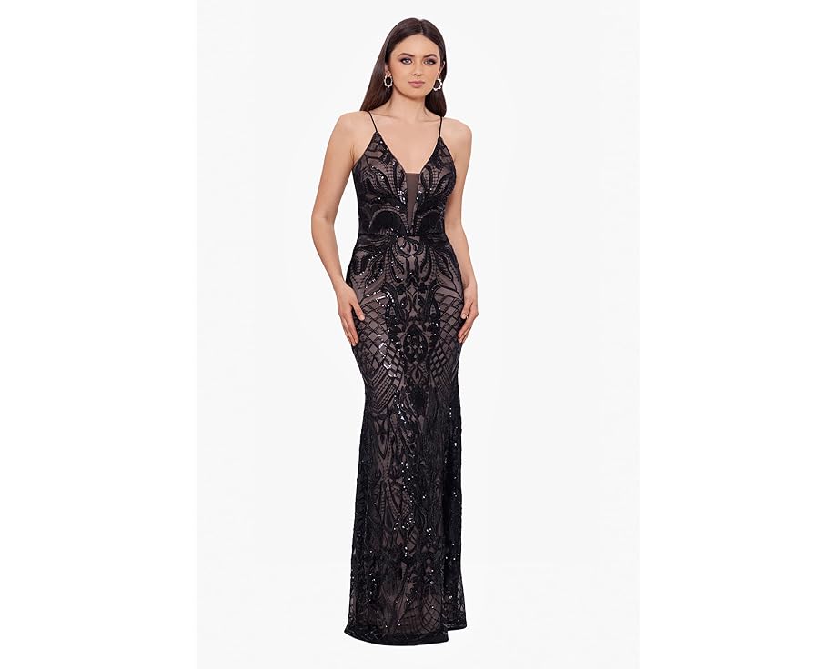 ディープ ドレス 黒色 ブラック & レディース 【 BETSY & ADAM LONG DEEP V PATTERNED SEQUIN DRESS / BLACK NUDE 】 レディースファッション