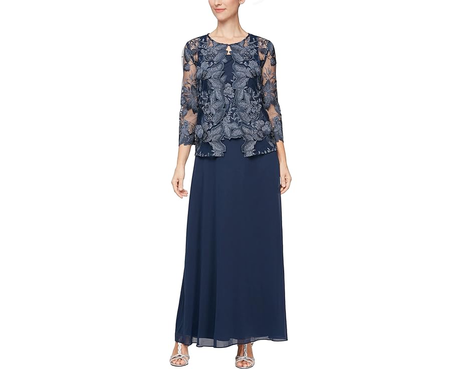 アレックスイブニングス ジャケット ドレス 紺色 ネイビー レディース 【 ALEX EVENINGS LONG EMBROIDERED JACKET DRESS / NAVY 】 レディースファッション