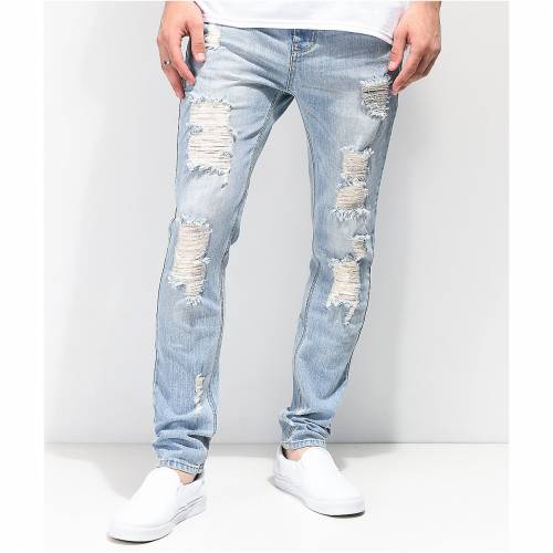 エンパイア 青色 ブルー スキニー ジーンズ スキニージーンズ メンズ 【 EMPYRE VERGE SPRINT BLUE DISTRESSED TAPERED SKINNY JEANS / LIGHT PASTEL BLUE 】 メンズファッション ズボン パンツ