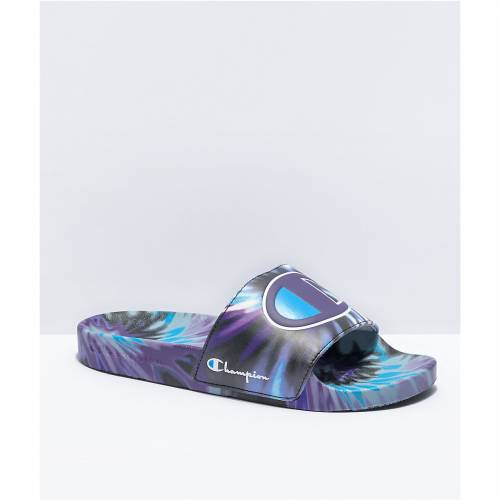 チャンピオン CHAMPION チャンピオン ネクタイ 紫 パープル サンダル BLACK, & 【 PURPLE CHAMPION IPO TIE DYE TEAL SLIDE SANDALS 】 メンズ サンダル