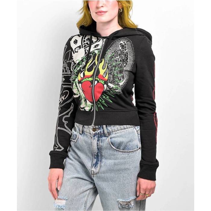 エドハーディー Ed Hardy 【 Sacred Heart Black Crop Zip Hoodie Women's Black 】 黒色 ブラック Cro..