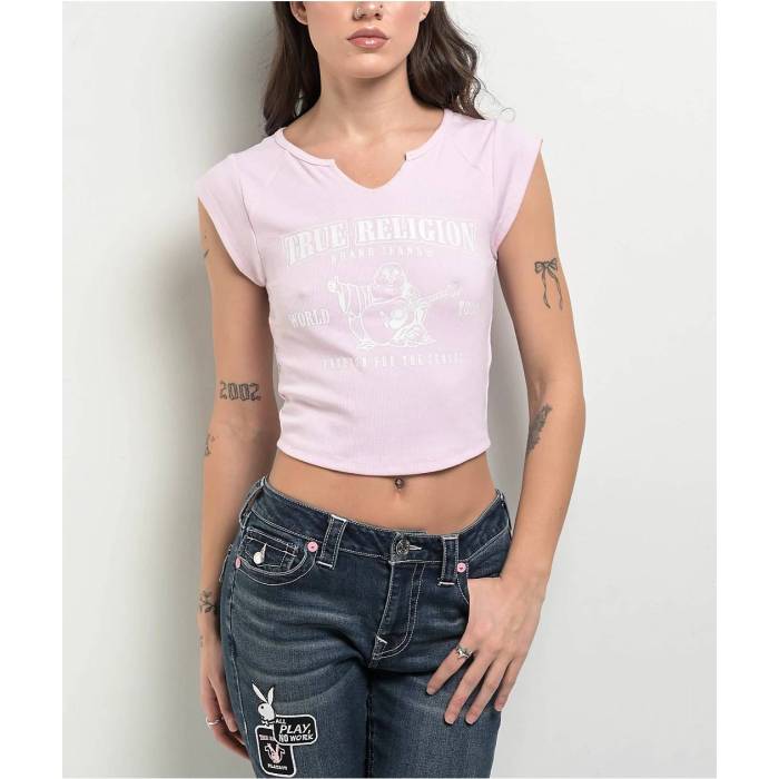 トゥルーレリジョン True Religion 【 Buddha Logo Notch Rib Pink Crop T-Shirt Women's Pink 】 ロゴ..