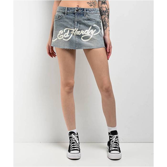 エドハーディー Ed Hardy 【 Dragon Light Blue Cutoff Denim Mini Skirt Women's Light Pastel Blue 】 ドラゴン 青色 ブルー デニム レディースファッション ボトムス スカート レディース 青色 ブルー