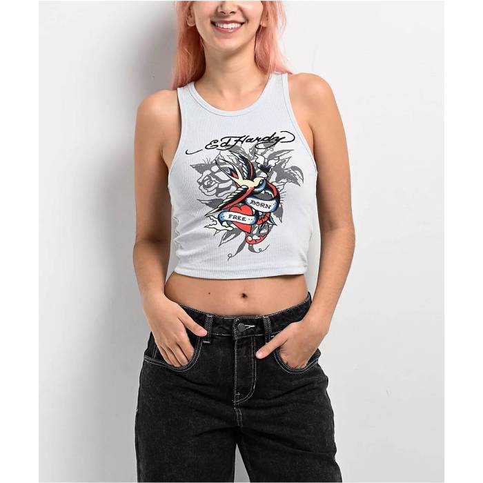 エドハーディー Ed Hardy 【 Swallow Arctic Blue Crop Tank Top Women's Light Pastel Blue 】 青色 ..