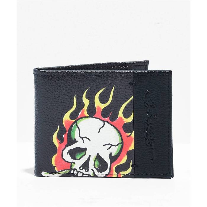 エドハーディー Ed Hardy 【 Flaming Skull Bifold Black Wallet Men's Multicolor 】 黒色 ブラック W..