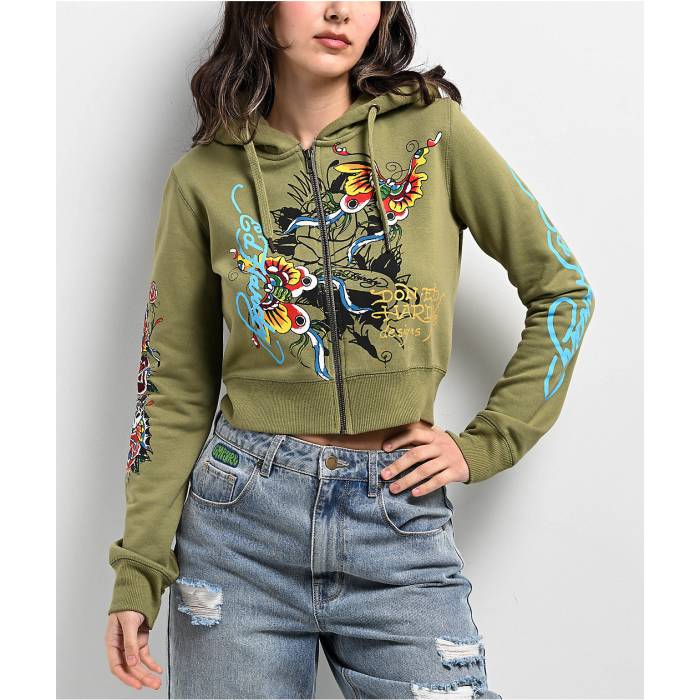 エドハーディー Ed Hardy 【 Butterflies Y2K Olive Crop Zip Hoodie Women's Green 】 olive オリーブ..