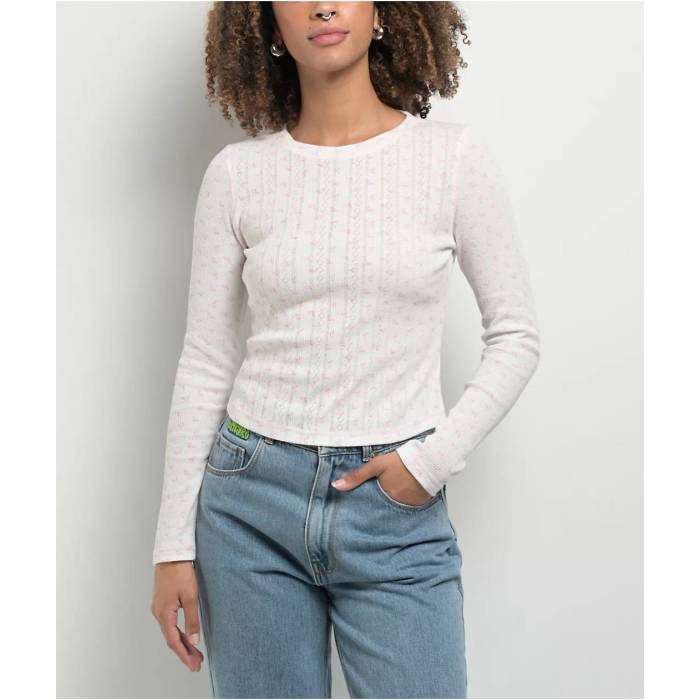 Freeworld 【 Thea Pointelle Bow White & Pink Crop Thermal Long Sleeve T-Shirt Women's White 】 白色 ホワイト pink ピンク Crop クロップ Sleeve スリーブ Tシャツ レディースファッション トップス その他 レディース