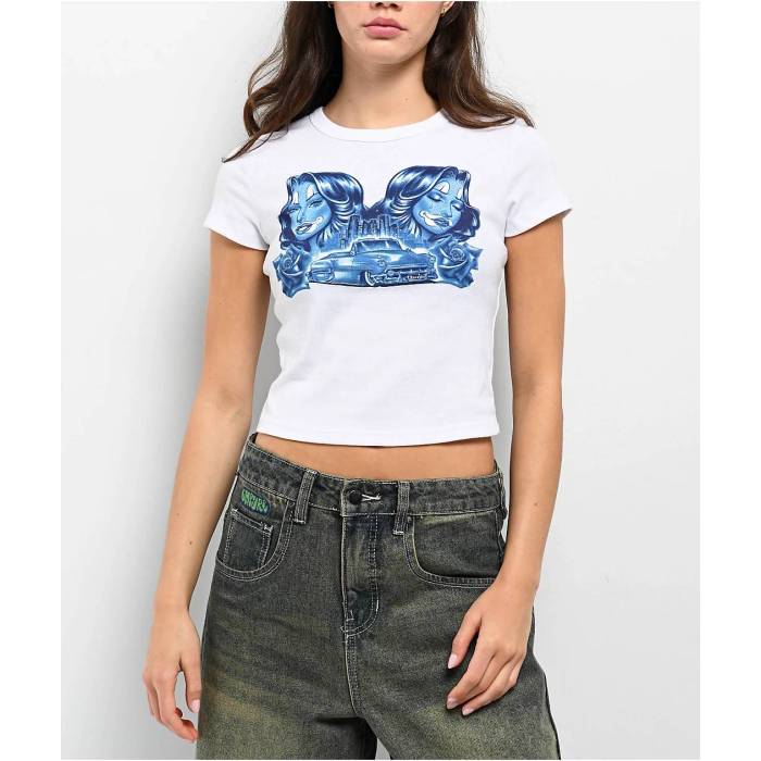 Hey Ruca 【 City Blues White Crop T-Shirt Women's White 】 シティ ブルース 白色 ホワイト Crop クロップ Tシャツ レディースファッション トップス Tシャツ カットソー レディース 白色 ホワイト