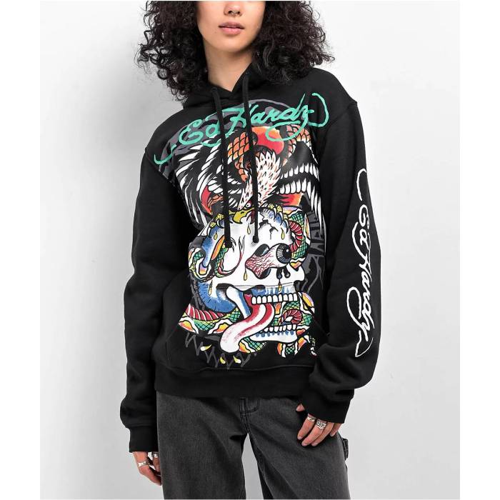 エドハーディー Ed Hardy 【 Battle Skull Black Hoodie Women's - 】 黒色 ブラック フーディー パー..