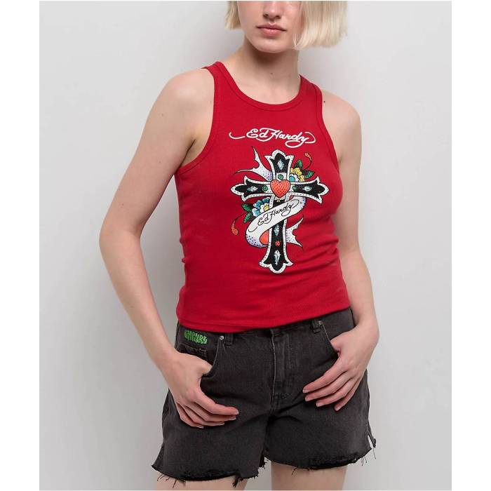 エドハーディー Ed Hardy 【 Rhinestone Cross Cherry Tank Top Women's Red 】 タンクトップ レディー..