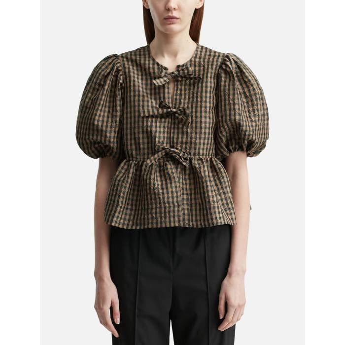 ガニー Ganni 【 Crinkled Check Blouse Women Tobacco Brown 】 レディース タバコ 茶色 ブラウン