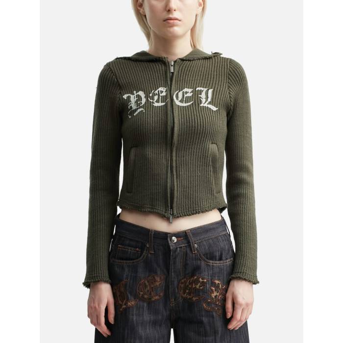 Yeel 【 Ribbed Knit Zip-Up Hoodie Women Khaki 】 ニット フーディー パーカー レディースファッショ..