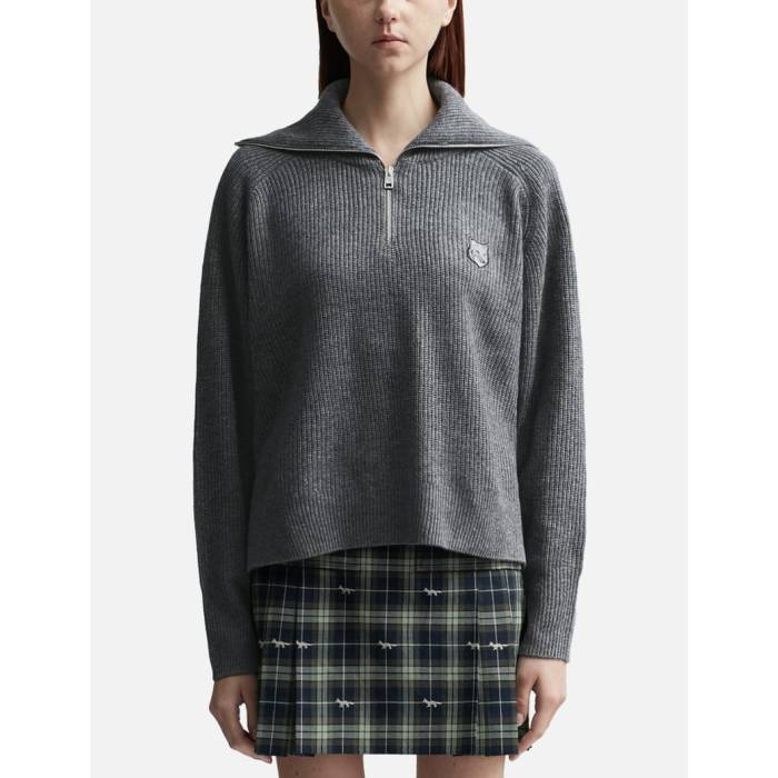 【 Bold Fox Head Patch Half Zip Ribbed Jumper Women Medium Gray Melange 】 フォックス ハーフ レ..