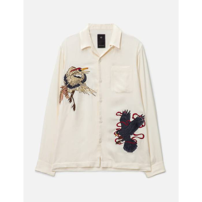 �ޥϥꥷ Maharishi �� Crow And Heron Camp Collar Shirt Men Ecru �� ��󥺥ե��å���� �ȥåץ� �����奢...