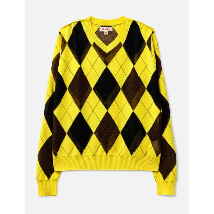 Masu  Reversed Argyle Sweater Men Yellow  ȥ졼ʡ 󥺥եå ȥåץ ˥å   ye...