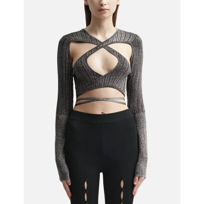 Ester Manas �� Peephole Wrap Top Women Black Lurex �� wrap ��å� ��ǥ����� ���� �֥�å�