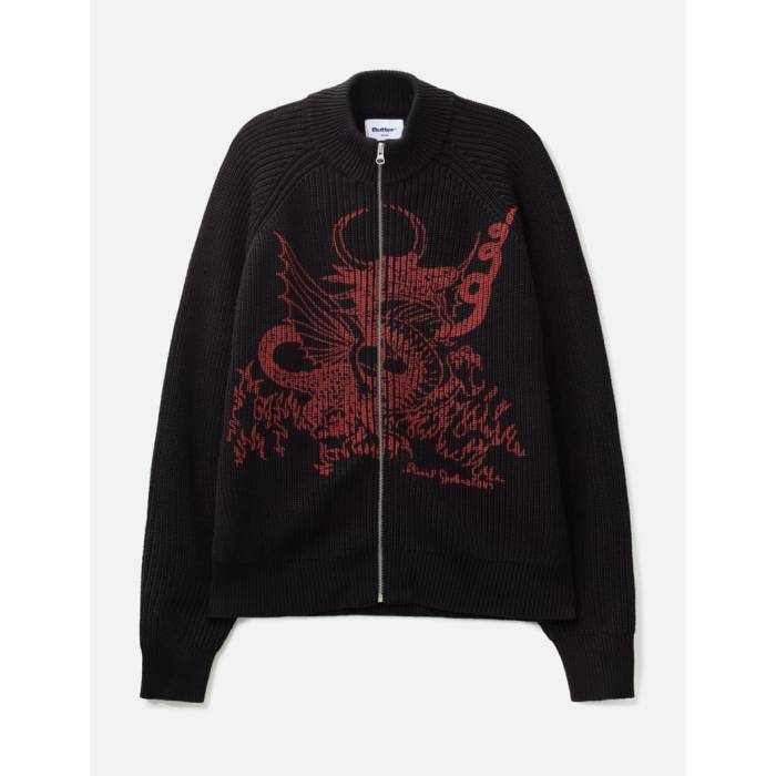 Butter Goods 【 X Daniel Johnston Dragon Knit Zip-Thru Sweater Men Black / Red 】 ドラゴン ニット トレーナー メンズ 黒色 ブラック Red 赤・レッド