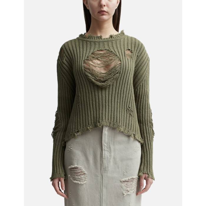 Open Yy �� Damaged Heart Sweater Women Khaki �� �ȥ졼�ʡ� ��ǥ����� ������
