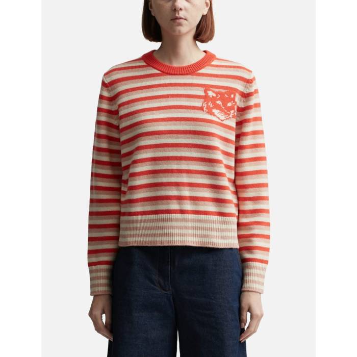 【 Fox Head Intarsia Striped Regular Jumper Women Strawberry/White 】 フォックス レディースファッション トップス ニット セーター その他 レディース 白色 ホワイト