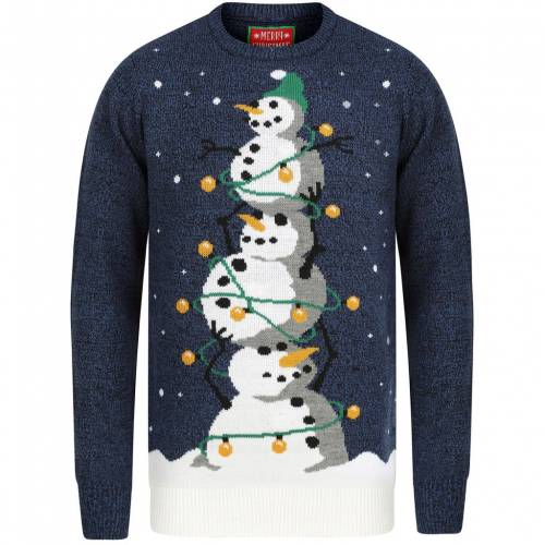 クリスマス 黒色 ブラック & メンズ 【 MERRY CHRISTMAS SNOWMAN TREE MOTIF LED LIGHT UP NOVELTY JUMPER IN SAPPHIRE BLACK TWIST 】