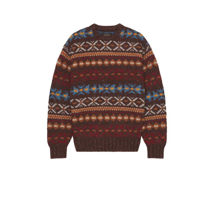 ビームス Beams Plus 【 Crew Fair Isle Pattern 3G Sweater Men Brown 】 クルー トレーナー メンズファッション トップス ニット セーター メンズ 茶色 ブラウン(4)