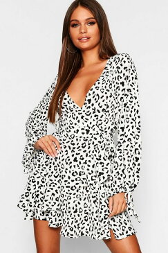 ブーフー ネクタイ スリーブ ヒョウ柄 レオパード ドレス アイボリー レディース 【 SLEEVE BOOHOO RUFFLE FRONT TIE LEOPARD PRINT TEA DRESS IVORY 】