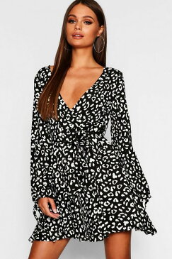 ブーフー ネクタイ スリーブ ヒョウ柄 レオパード ドレス 黒色 ブラック レディース 【 SLEEVE BOOHOO RUFFLE FRONT TIE LEOPARD PRINT TEA DRESS BLACK 】