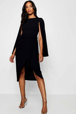 BOOHOO TALL ドレス 黒 ブラック 【 BLACK BOOHOO TALL CAPE TAILORED BELTED MIDI DRESS 】 レディースファッション ワンピース