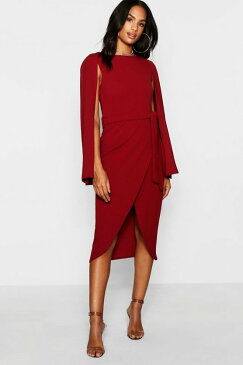 BOOHOO TALL ドレス 【 BOOHOO TALL CAPE TAILORED BELTED MIDI DRESS WINE 】 レディースファッション ワンピース