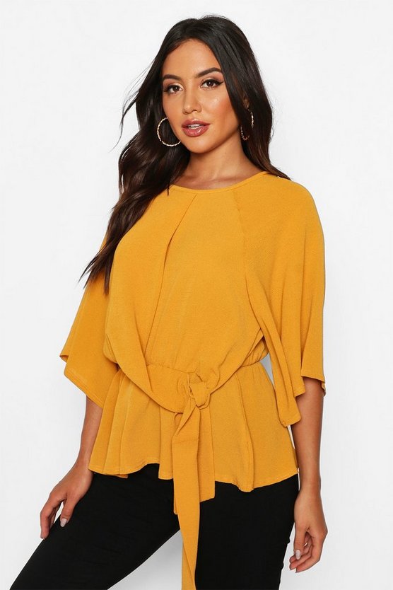 ブーフー BOOHOO 黄色 イエロー ネクタイ スリーブ 【 YELLOW SLEEVE BOOHOO TIE FRONT ANGEL BLOUSE MUSTARD 】 レディースファッション トップス シャツ ブラウス