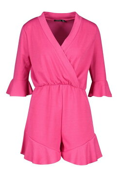 ブーフー BOOHOO ラップ ジャージ 【 WRAP PLAIN RUFFLE HEM JERSEY PLAYSUIT MAGENTA 】 レディースファッション オールインワン サロペット 送料無料