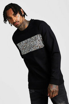 BOOHOOMAN ラグラン 【 RAGLAN LEOPARD FRONT PANEL SWEATSHIRT BLACK 】 メンズファッション トップス スウェット トレーナー 送料無料