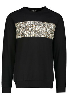 BOOHOOMAN ラグラン 【 RAGLAN LEOPARD FRONT PANEL SWEATSHIRT BLACK 】 メンズファッション トップス スウェット トレーナー 送料無料