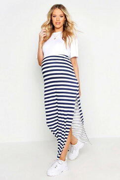 ブーフー BOOHOO ストライプ 紺色 ネイビー マキシスカート レディース 【 STRIPE BOOHOO MATERNITY NAVY 】